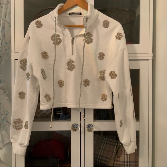 AKIRA Crop Sweatshirt Bling Hip Hop Long sleeves White Size M - Picture 4 of 10